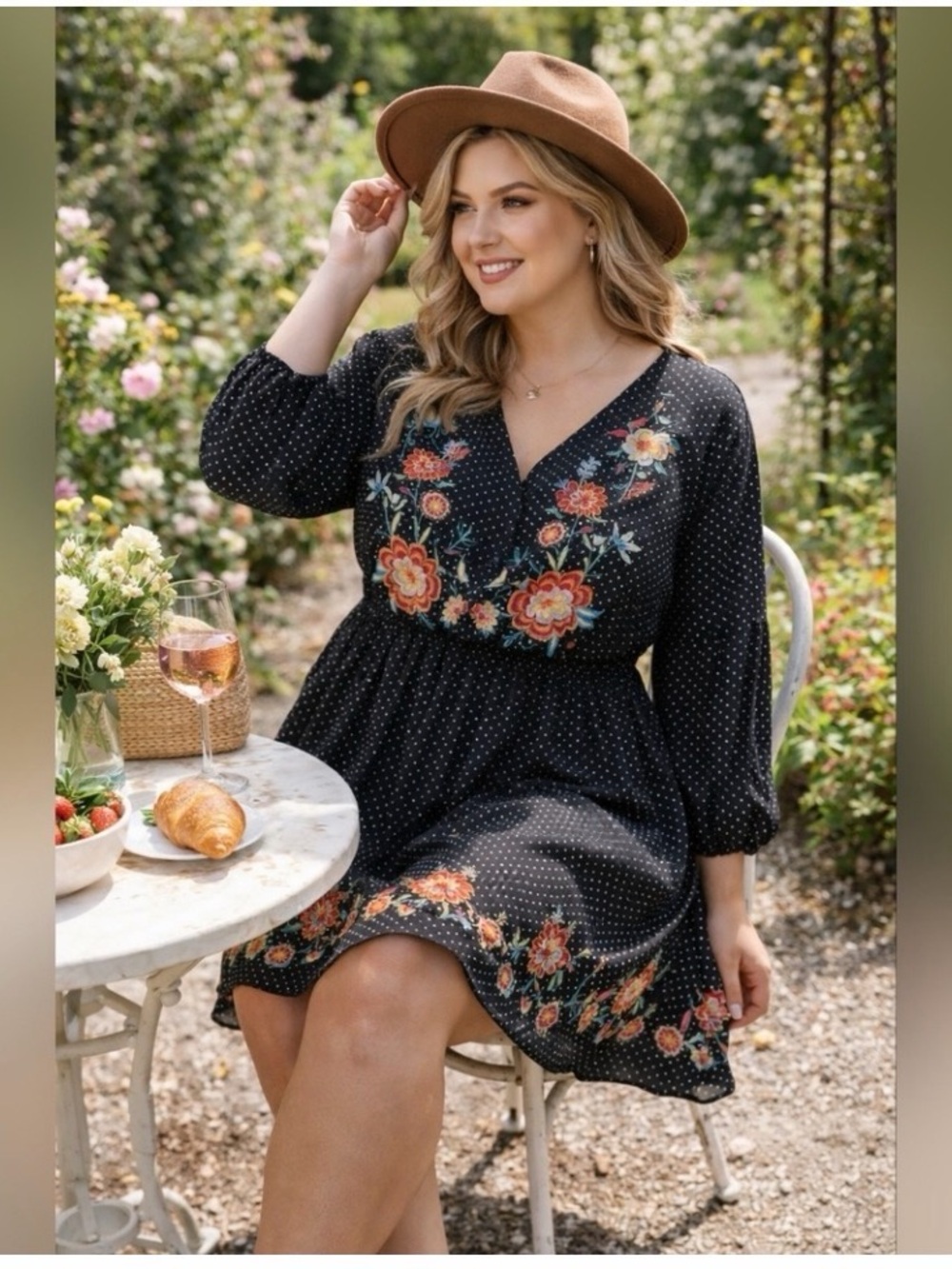 NWT Perfectly Priscilla Boho Floral Embroidered Polka Dot Dress 1X